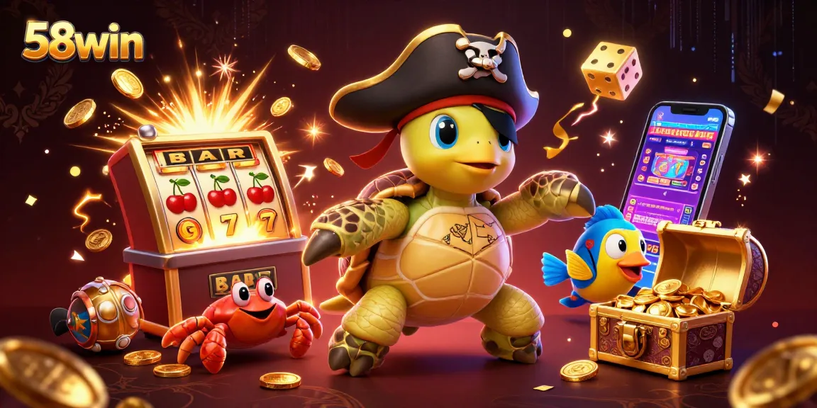 Experience thrilling gameplay with 58win's vibrant casino scene featuring dynamic slot machines and treasures.