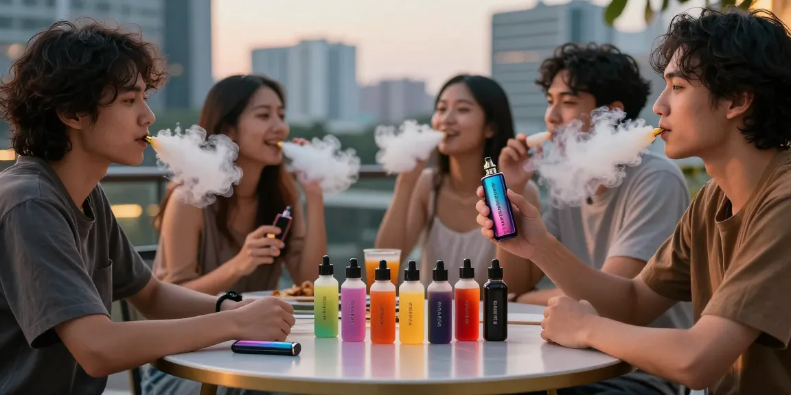 Group enjoying 蒸氣天堂 vaping experience in vibrant urban setting with flavored vape juices.