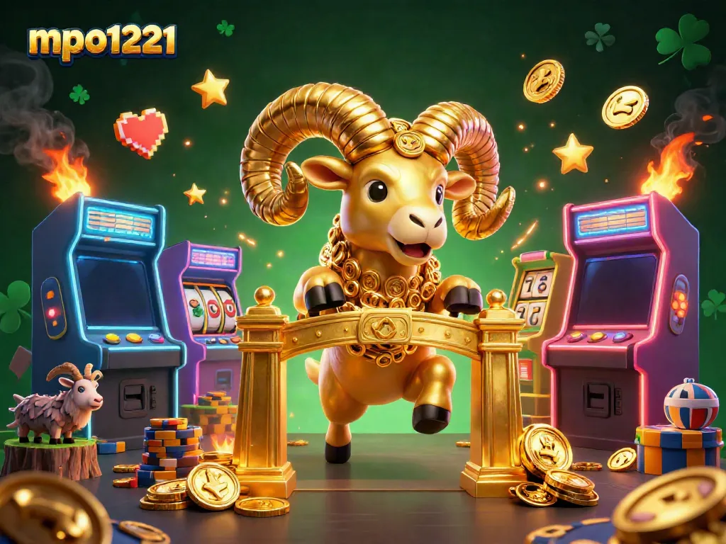 Experience the thrill of mpo1221 as a golden ram charges through an arcade with gaming elements.