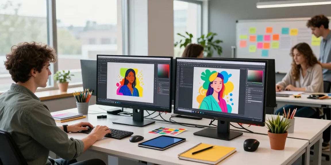 Digital artists collaborating using Nano Banana 2 in a creative workspace filled with vibrant AI-generated art.