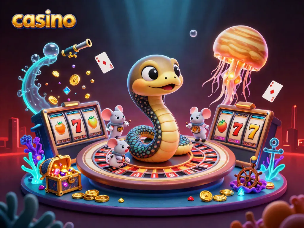 Experience a cosmic casino with cartoon characters betting on a roulette wheel made of Saturn's rings.