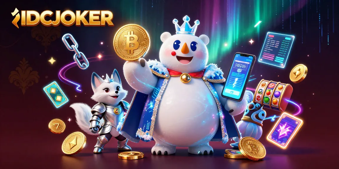 IDCJOKER showcases a dynamic casino scene with energy around coins and characters, emphasizing slot gameplay.