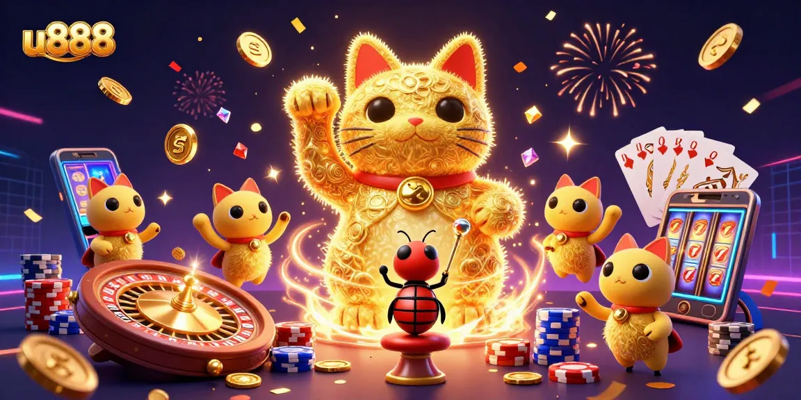 Experience thrilling gaming with u888's lucky cat symbol amidst vibrant casino elements.