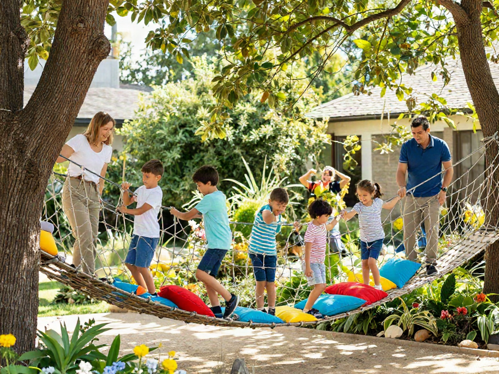 Family joyfully crossing a rope bridge in a sunny garden, promoting outdoor fun.