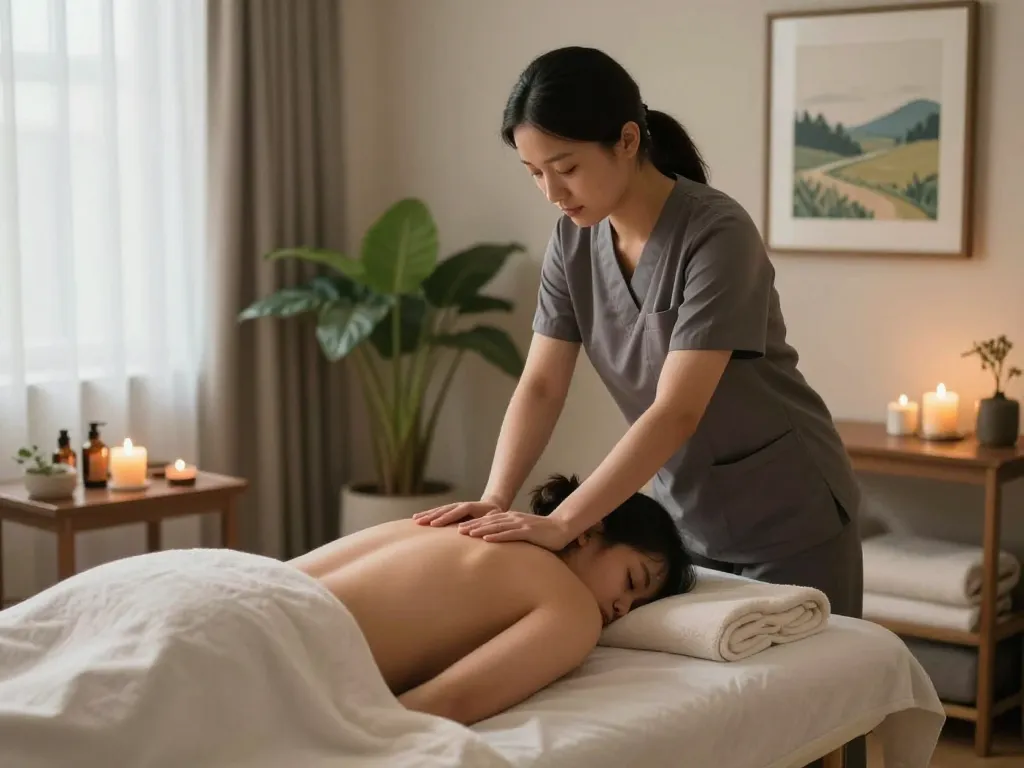 출장안마 therapy session in a serene home setting, featuring a professional massage therapist and client.