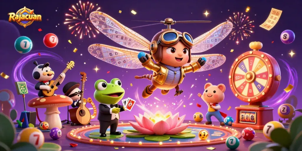 Rajacuan showcases a vibrant casino scene with a frog croupier dealing cards amid colorful lottery elements and a dragonfly pilot.