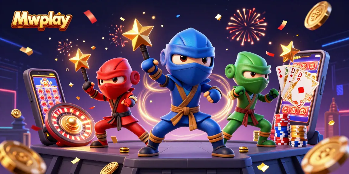 Mwplay unleashes excitement with a dynamic casino scene featuring cartoon ninjas, gold coins, and a spinning roulette wheel.