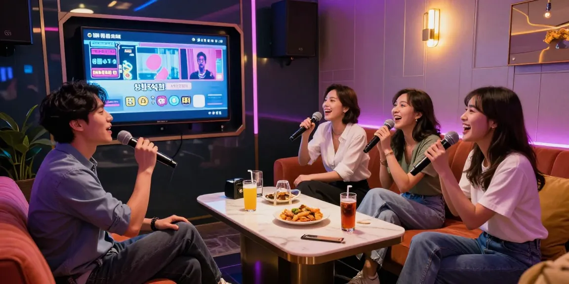 엘리트 가라오케에서 친구들과 즐거운 노래를 부르는 장면