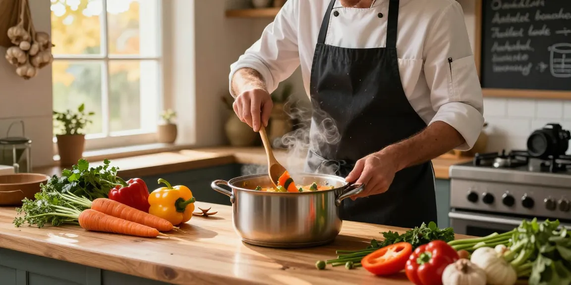 Leckere vegetarische Suppe in der Zubereitung mit frischen Zutaten und Kräutern zur Ansicht.