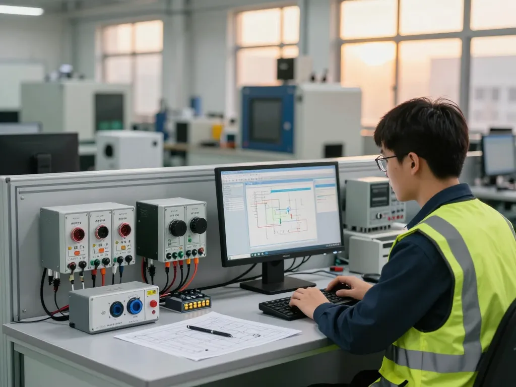 Technician at Hải Phòng Tech programming PLC systems in a modern industrial workspace filled with automation sensors and engineering tools.