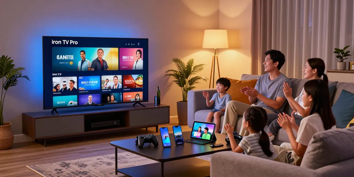 Family enjoying entertainment on Iron TV Pro in a cozy living room setting.