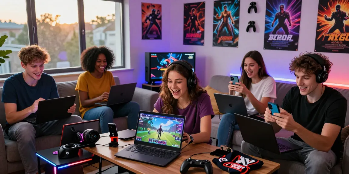 Engaged players enjoying popular porngames on various devices in a vibrant gaming room.