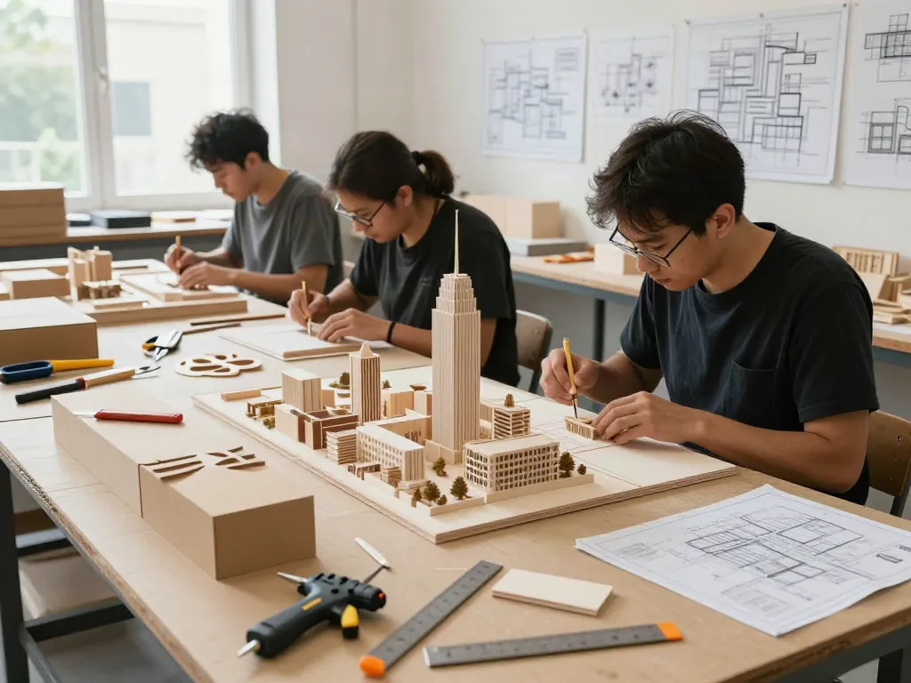 Artisans at work in an architectural model maker Denmark workshop, crafting detailed city planning models.