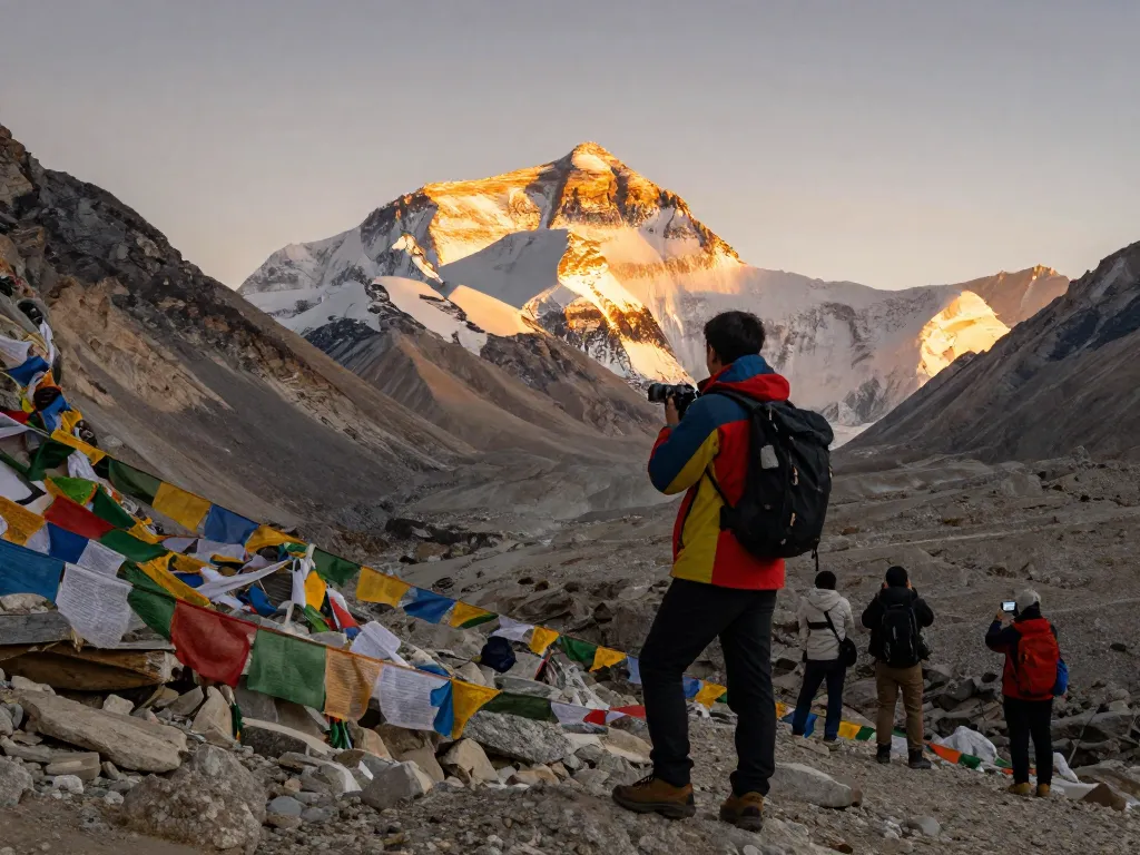 Stunning sunset at Everest Base Camp Trek with traveler capturing mountain views.