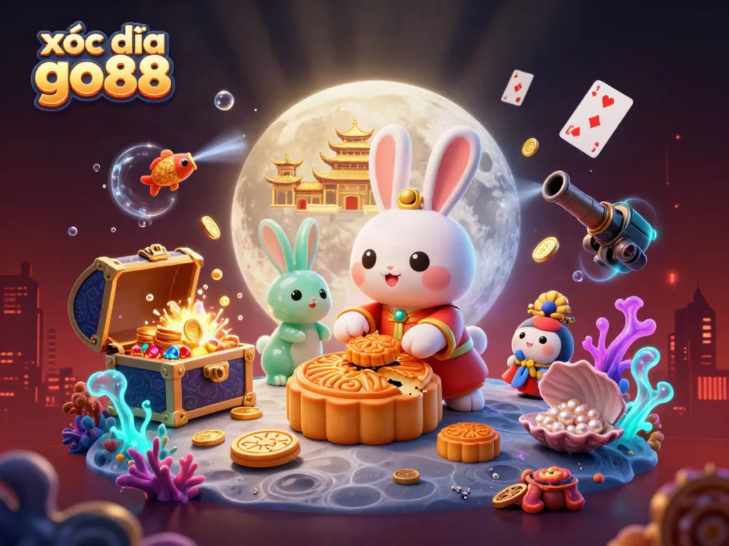 Play xóc đĩa go88 with vibrant 3D illustrations featuring a moon rabbit and poker chips.
