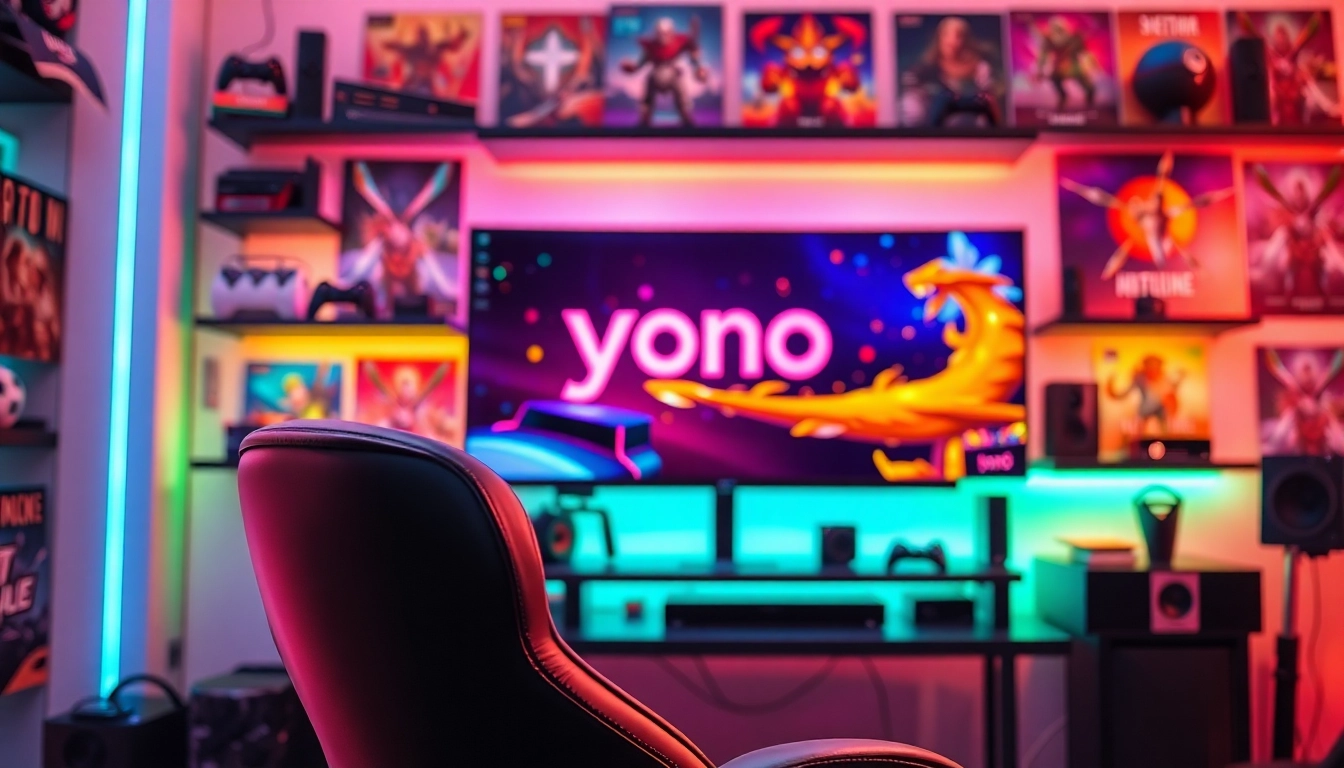 Experience yono game through a vibrant gaming setup with dynamic lighting and engaging decor.