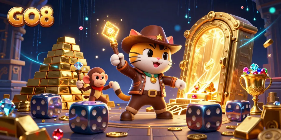 GO8 illustrates a thrilling casino adventure with an archaeologist cat discovering treasures.