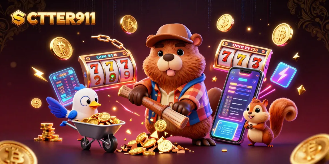 SCATTER911 features a cartoon beaver collecting golden coins in a casino-themed illustration.