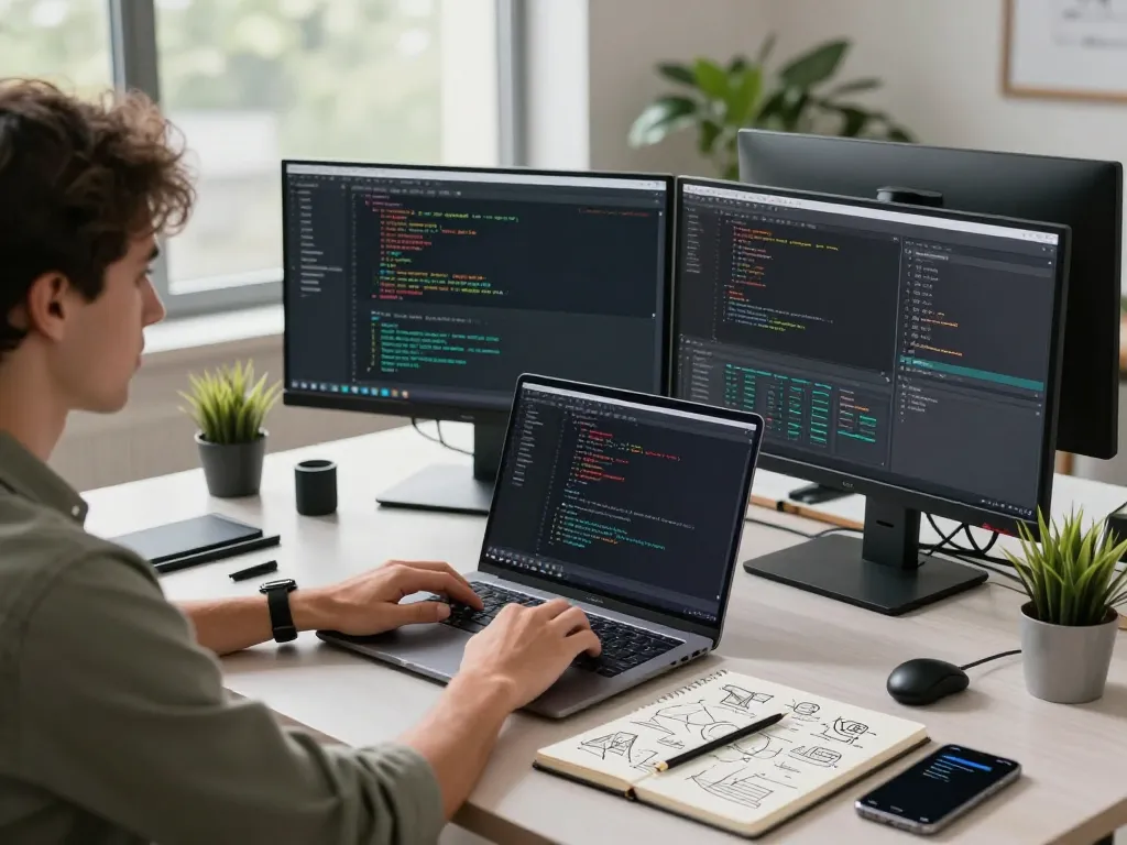 Moltbot AI workspace where a developer codes with dual monitors and modern tech accessories.