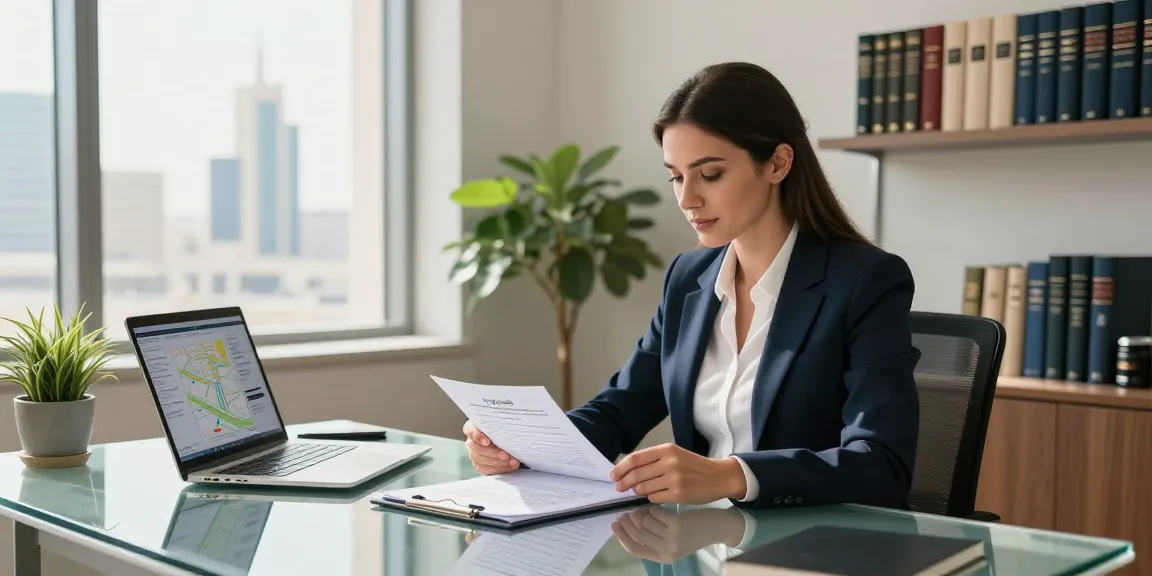 A professional محامي عقارات في الدمام reviewing real estate contracts in a modern office setting with urban views.
