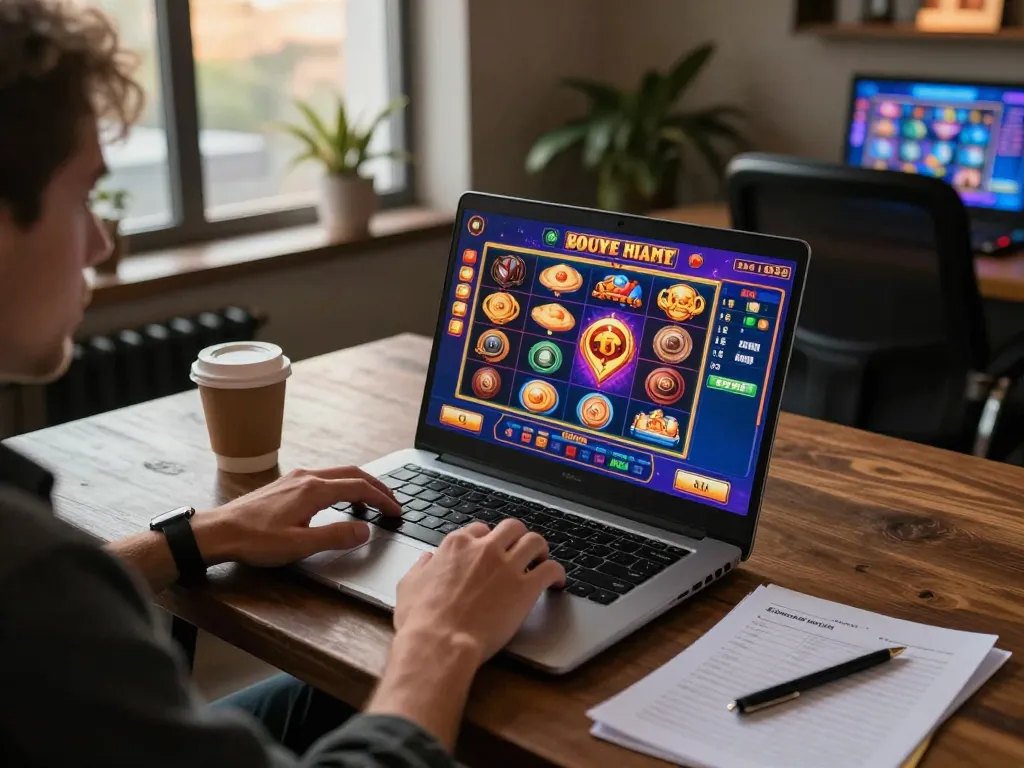Situs slot gacor action, engaging player strategizing at laptop with vibrant slot game graphics and notes.