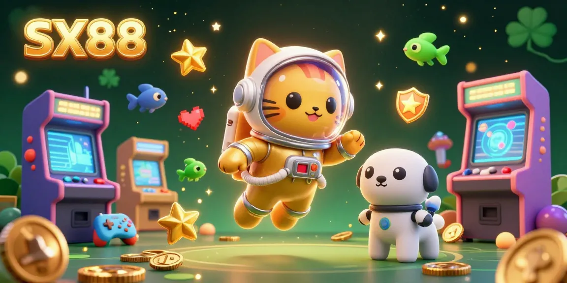 SX88 captivates gamers with an engaging 3D illustration of an astronaut cat and robot dog amidst arcade excitement.