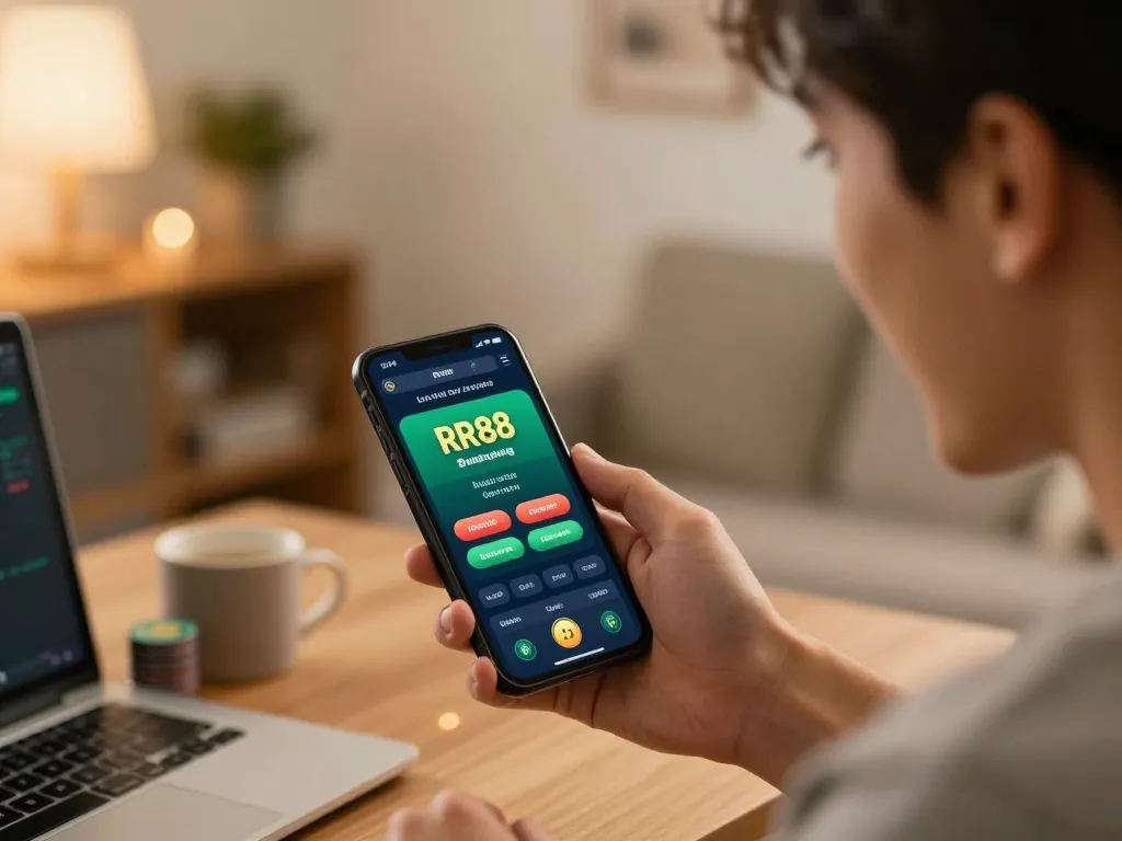 Player engaged in online gambling with RR88 app in a cozy home setting.