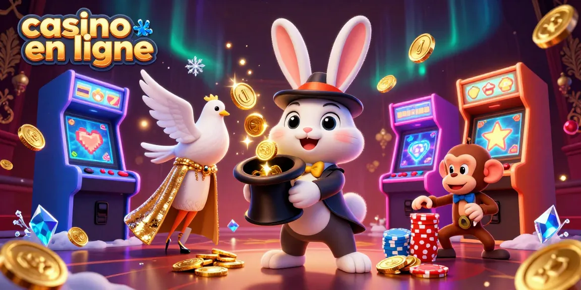 Une illustration de casino en ligne où un lapin magicien tire des pièces d'or d'un chapeau, avec des jeux colorés autour.