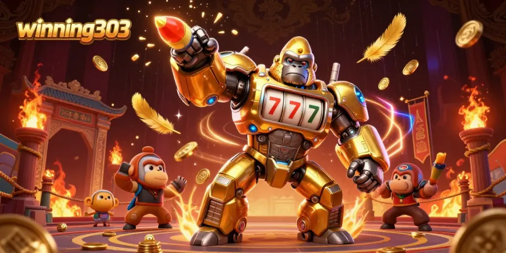 Experience the thrill of winning303 with a golden gorilla mech, slot machine parts, and soaring coins!