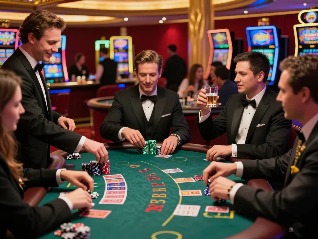 Engaging players at the blackjack tables inside a casino floor, dynamic atmosphere emphasizing joy and strategy captured at https://vb88.llc/.