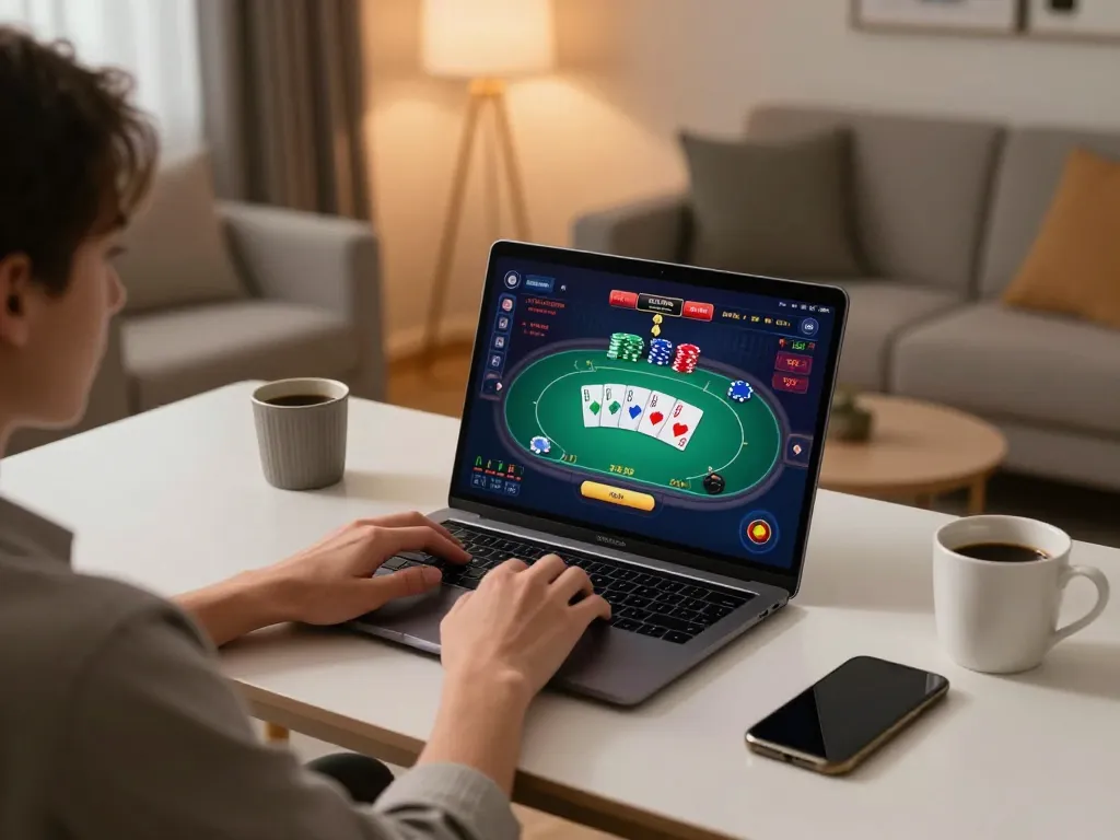 Engaging online gaming session on https://va88.ceo/ with a vibrant poker game on a laptop and cozy atmosphere.