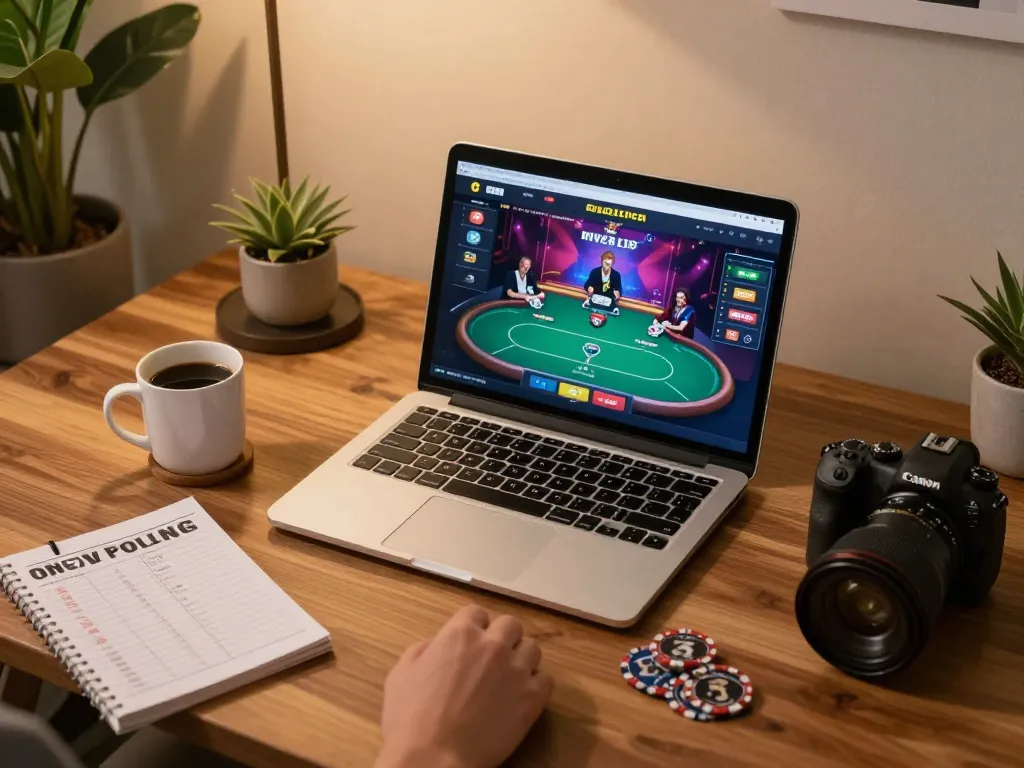Engaging online poker session on https://hd88.london/ with a laptop and strategy notes.