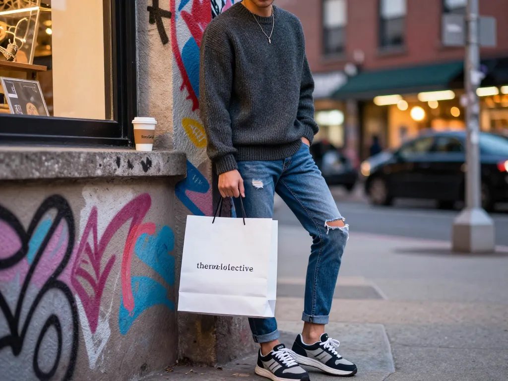 Urban fashion scene showcasing the stylish jumper from revelcollective.myshopify.com against a vibrant graffiti wall.