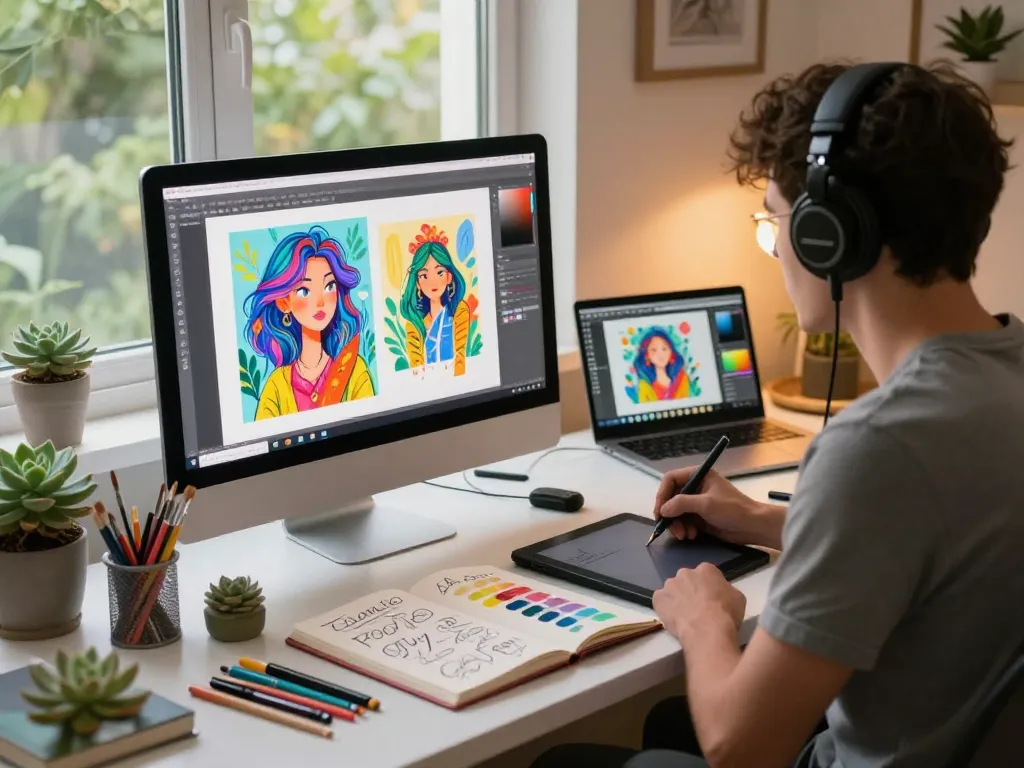 Digital artist using an image to prompt generator in a creative workspace.