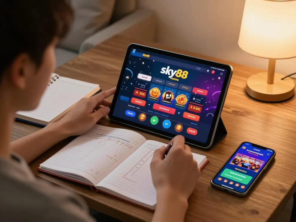 Engaging tablet gambling gaming scene at sky88 with strategic planning notes and ambient lighting