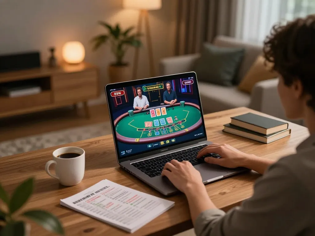 Person playing online blackjack at home with O8 platform, showcasing engaging gameplay