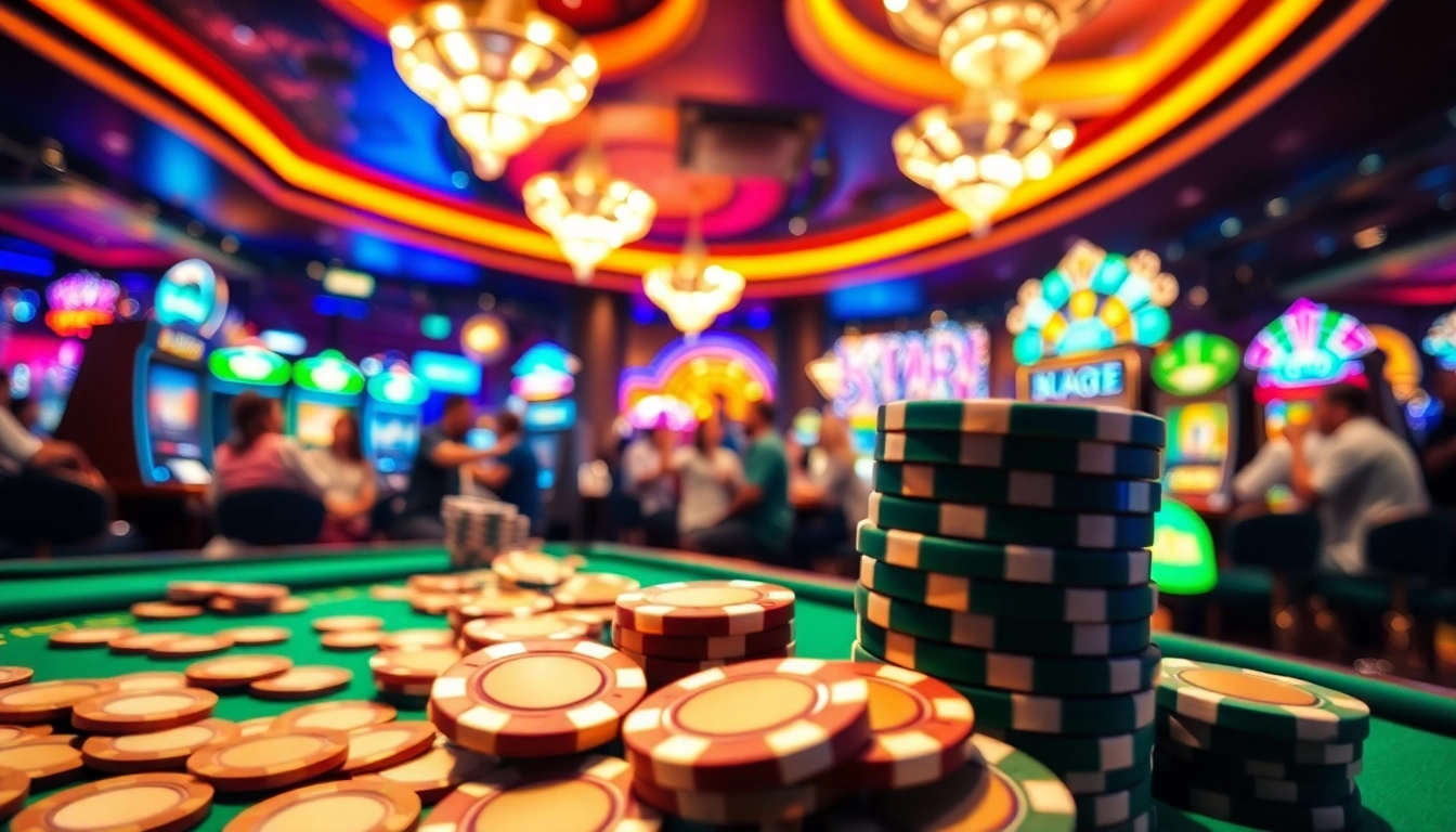 Main focus on bbni4d poker chips in a lively casino setting, emphasizing excitement and chance.