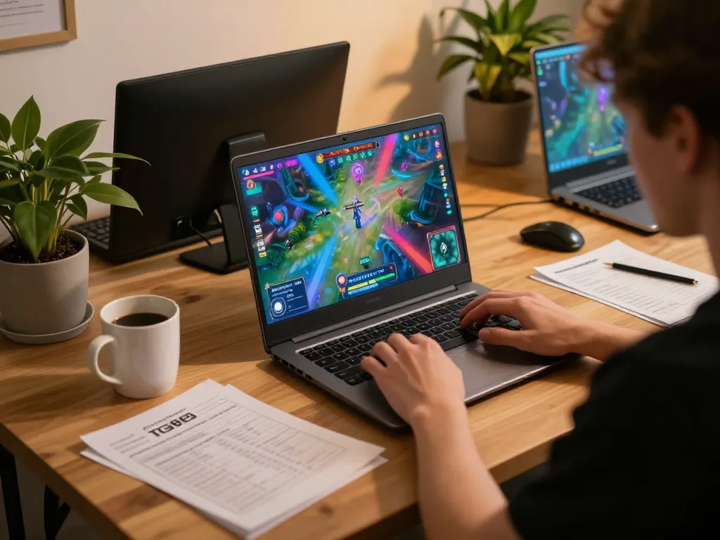 Player engaging with TG88 online casino on a laptop, showcasing vibrant graphics and personal strategy notes.