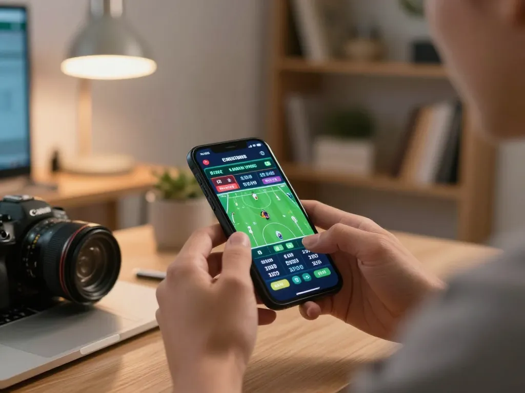 Person placing live sports bets on smartphone for fc88 in a cozy home office