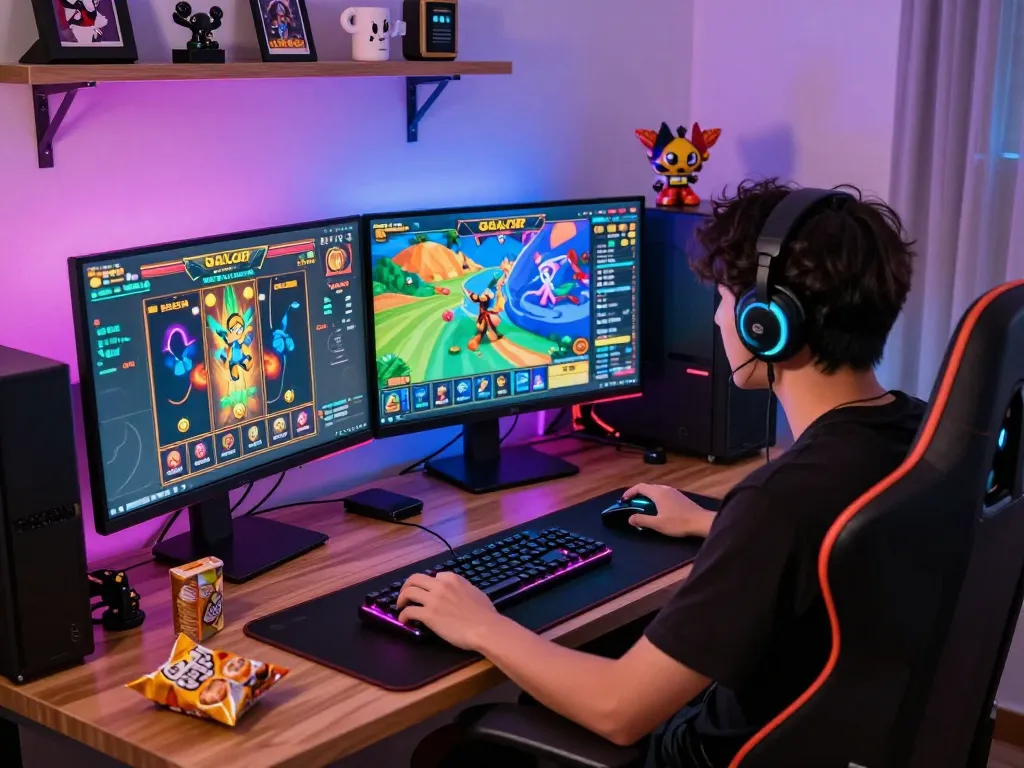 Engaged gamer enjoying slot gacor games in a dynamic online setup with colorful LED lighting.