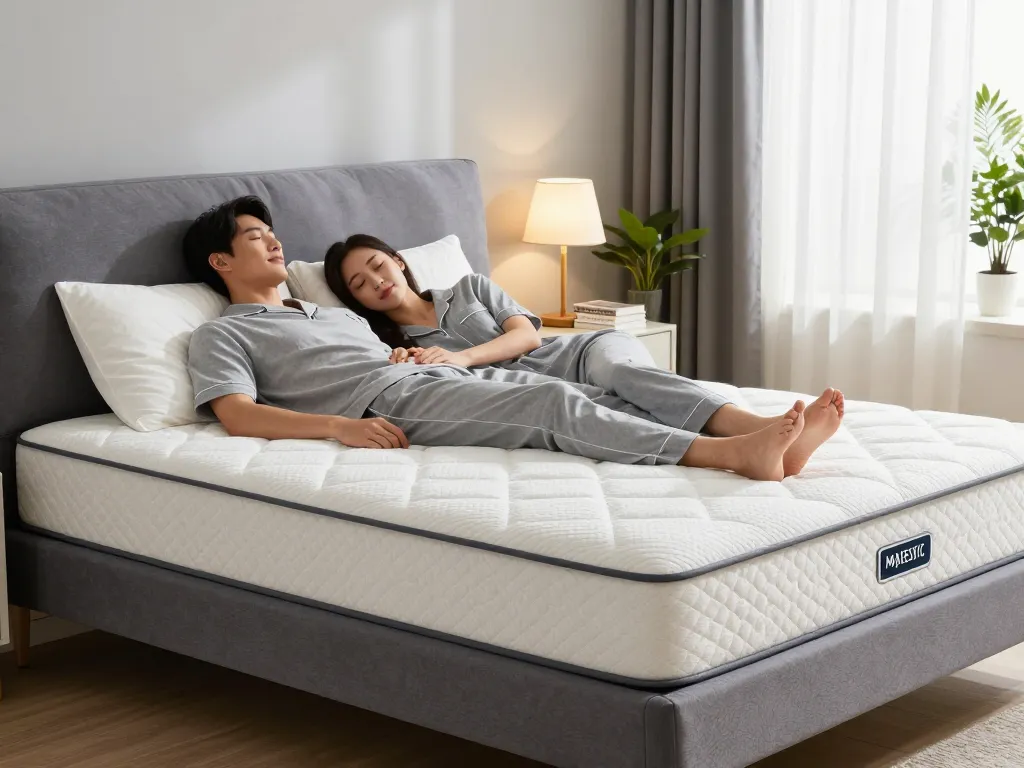 Cozy bedroom with an extra firm mattress, couple resting for optimal comfort and support.