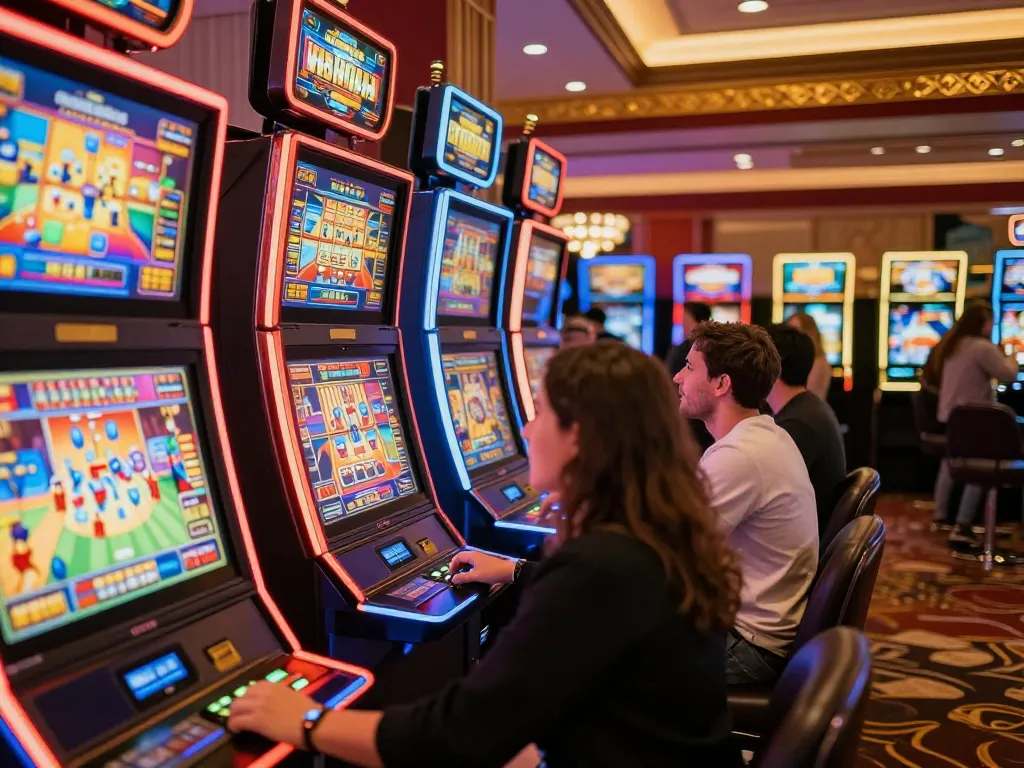 Players enjoying vibrant slot machines at a lively casino, showcasing a thrilling slot777 experience with flashing lights.