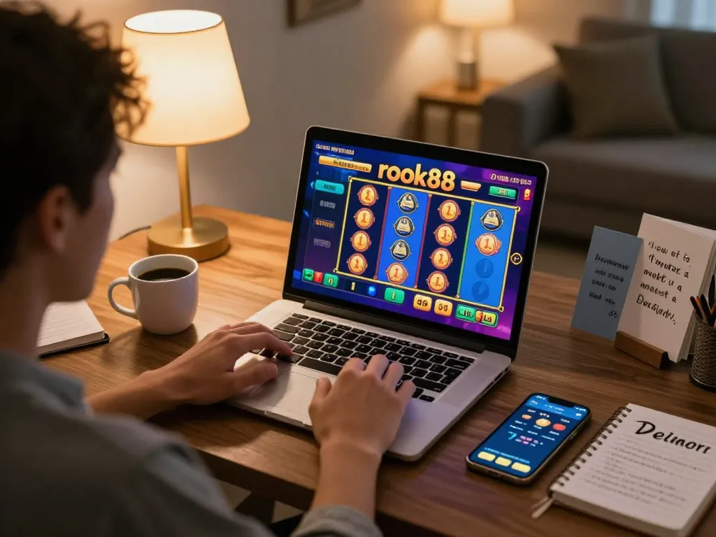 Engage in rokok88 slot gameplay on a sleek laptop in a cozy living space with warm lighting.