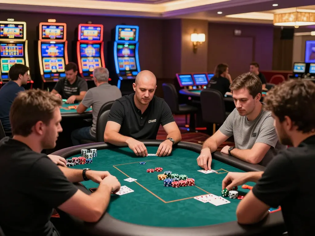 Players engaging at a poker table in ALO8's thrilling casino environment, showcasing vibrant gaming action.