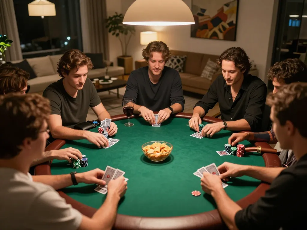 Amici che si divertono a una serata poker a casa, mostrando la strategia di gioco dei siti non AAMS con un'atmosfera vivace e un'emozione strategica.