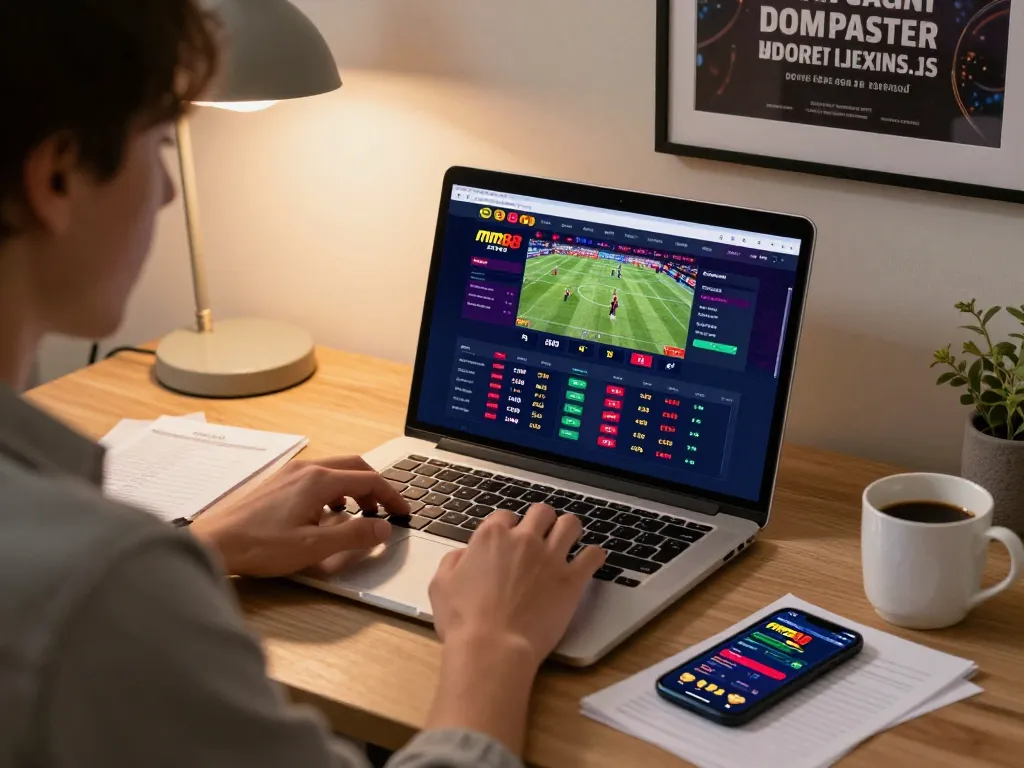 Online gambler focused on sports betting at mm88, with modern home office setup