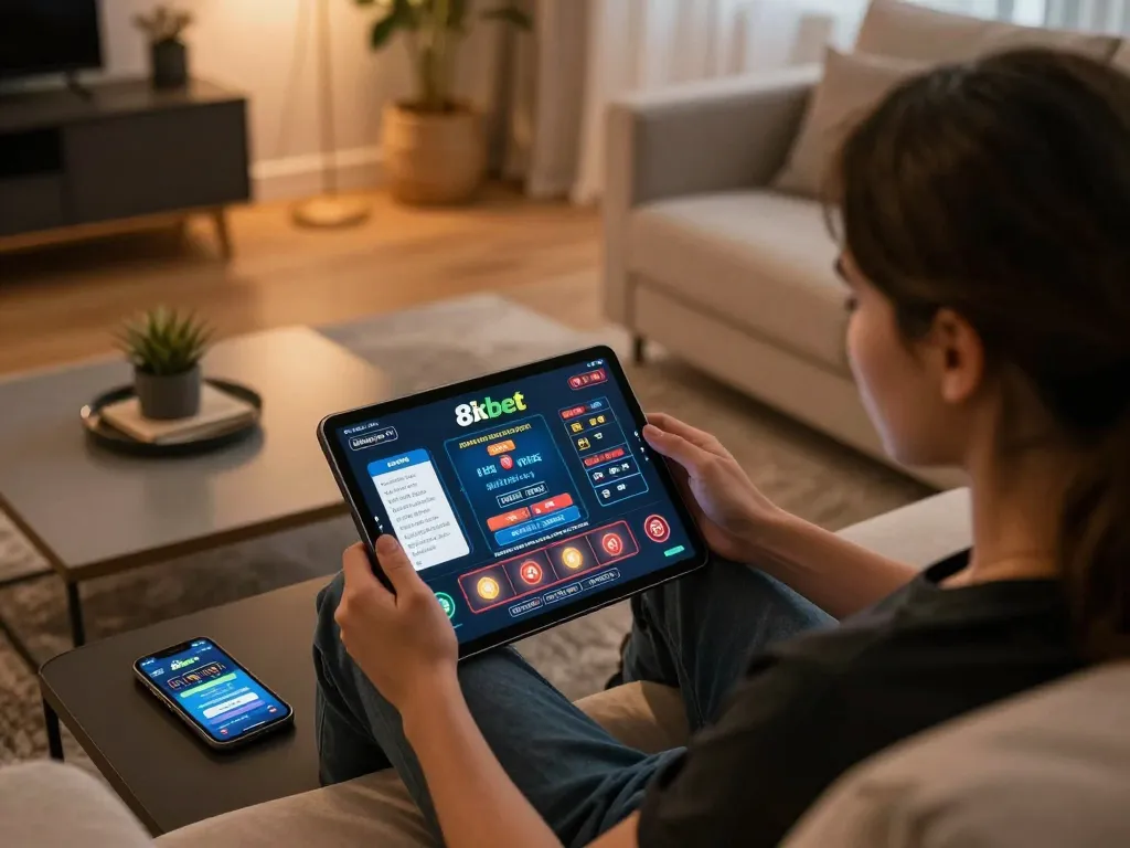 Player exploring the 8xbet platform on a tablet while analyzing strategies at home, creating an engaging gambling atmosphere.