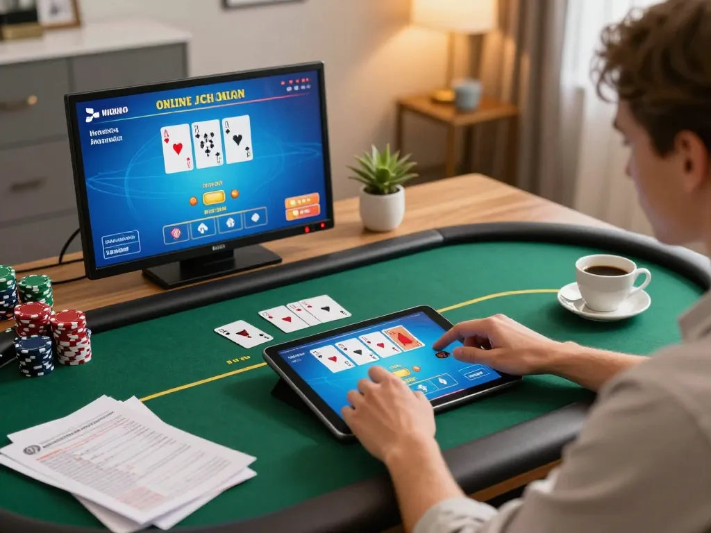 Engaging in poker gameplay on an online platform sunwin while strategizing betting limits at home.