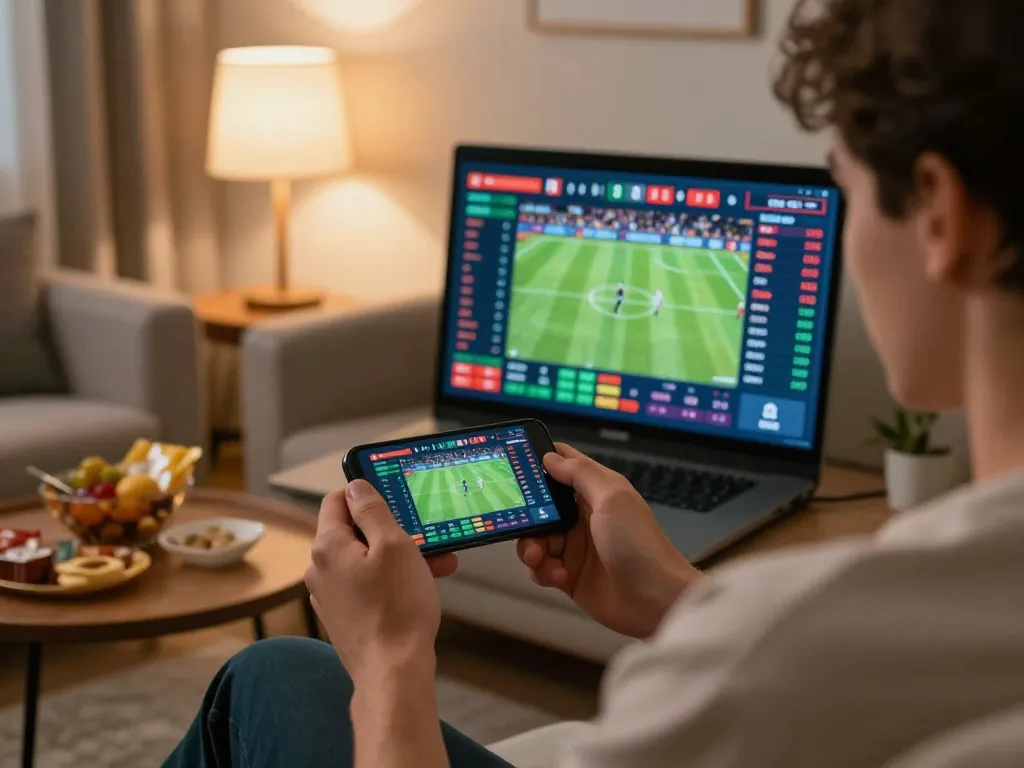 Player engaging in online sports betting on smartphone, showcasing abc8's interactive platform with vibrant statistics.
