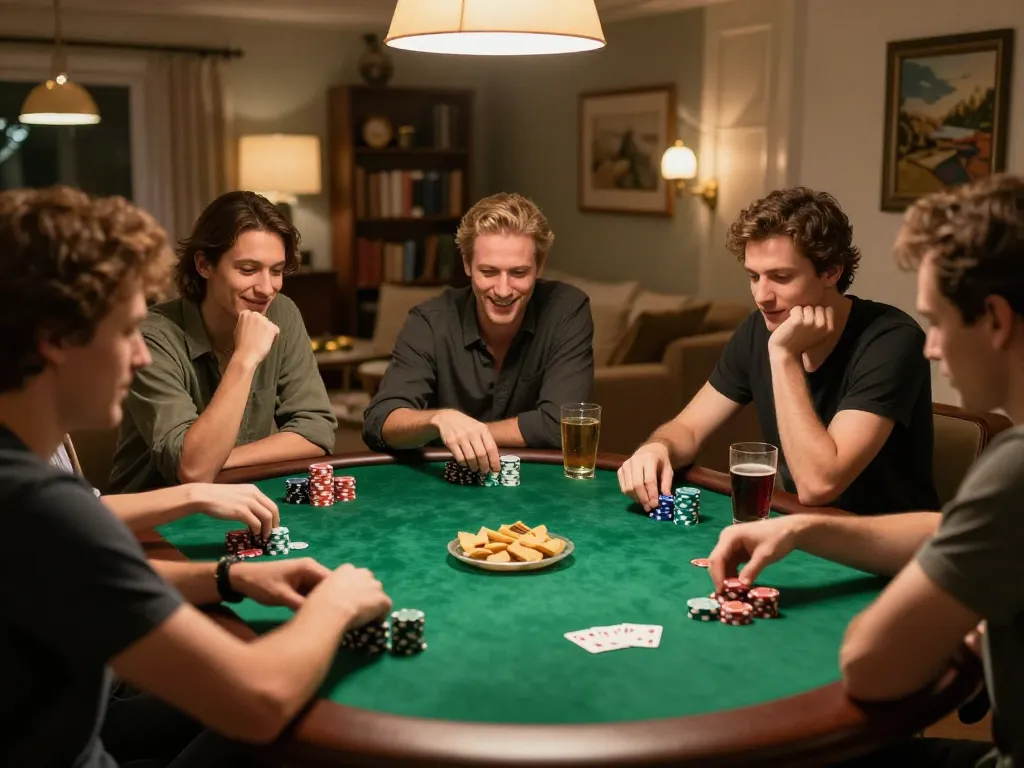 Players engaging in strategic poker game at home while using vipwin for online gambling activities.